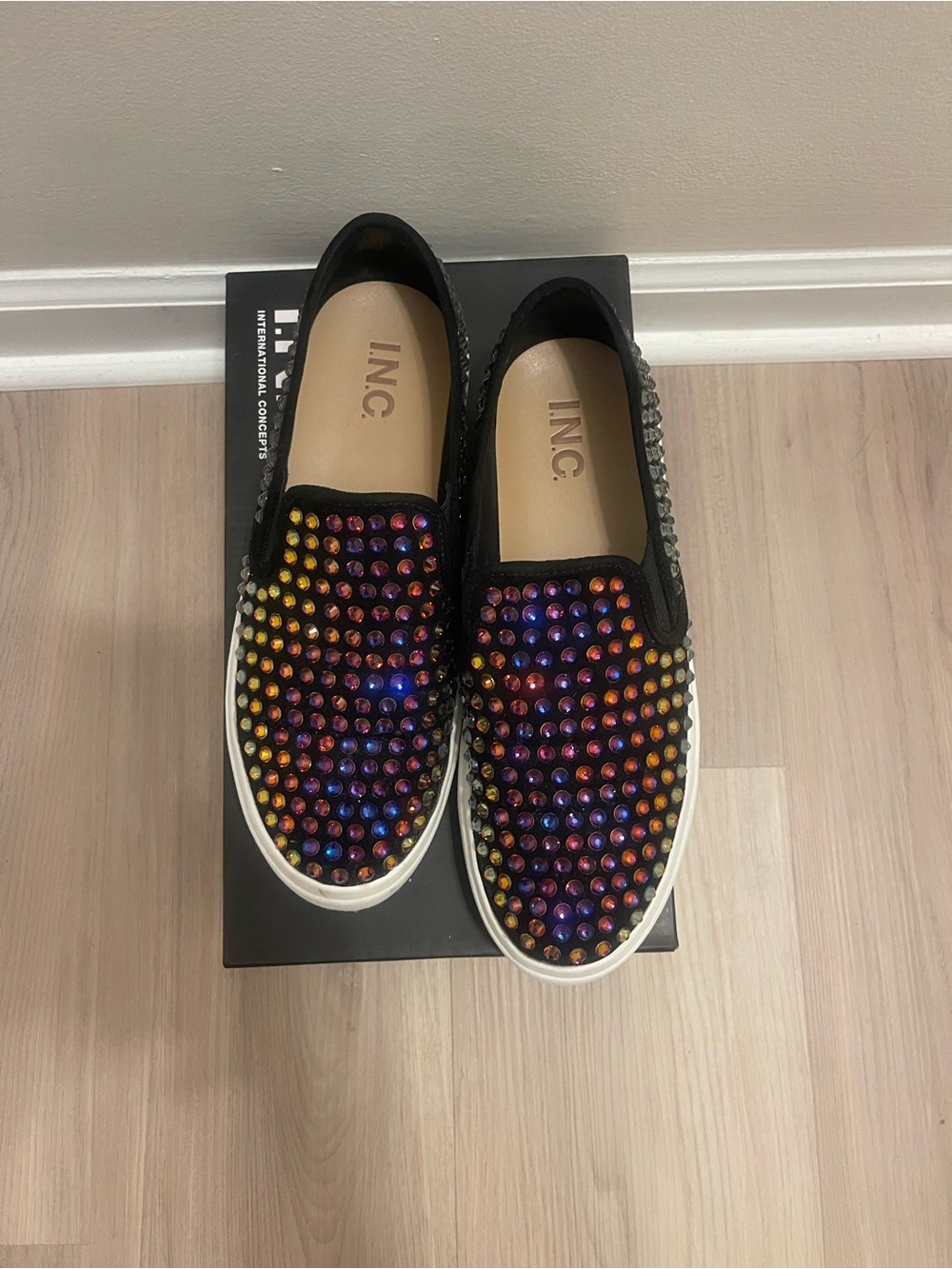 INC International Concepts Kids Black Slip-On Sneakers with Iridescent Studs - Picture 2 of 3